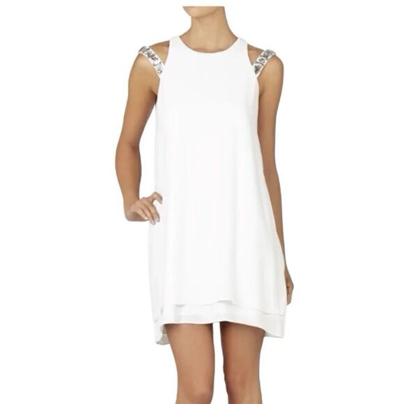 BCBGMAXAZRIA WHITE SELINA LAYERED A-LINE DRESS SIZE M - Picture 1 of 11